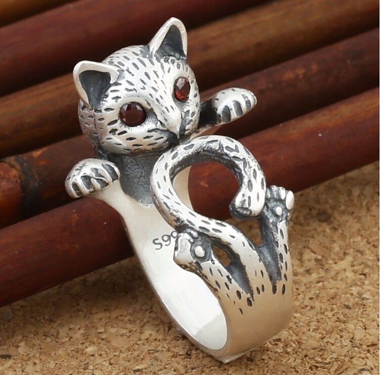Bague ajustable chat peint main argent yeux rouges – Léo