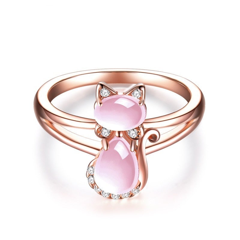 Bague chat or rose pierres roses cristal – Léo