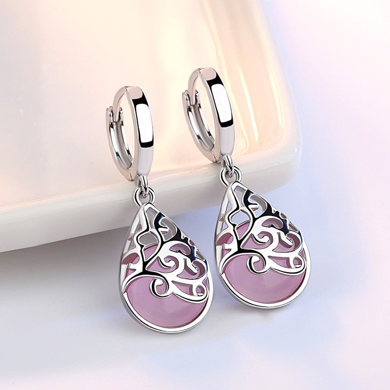 Boucles goutte arbre de vie argent rose – Lila