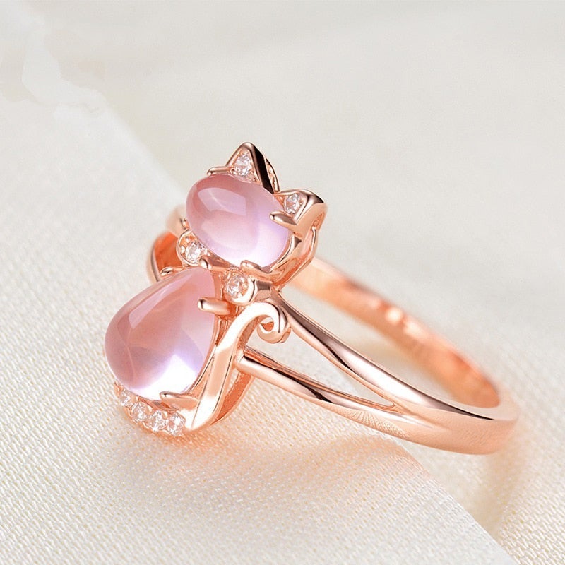 Bague chat or rose pierres roses cristal – Léo
