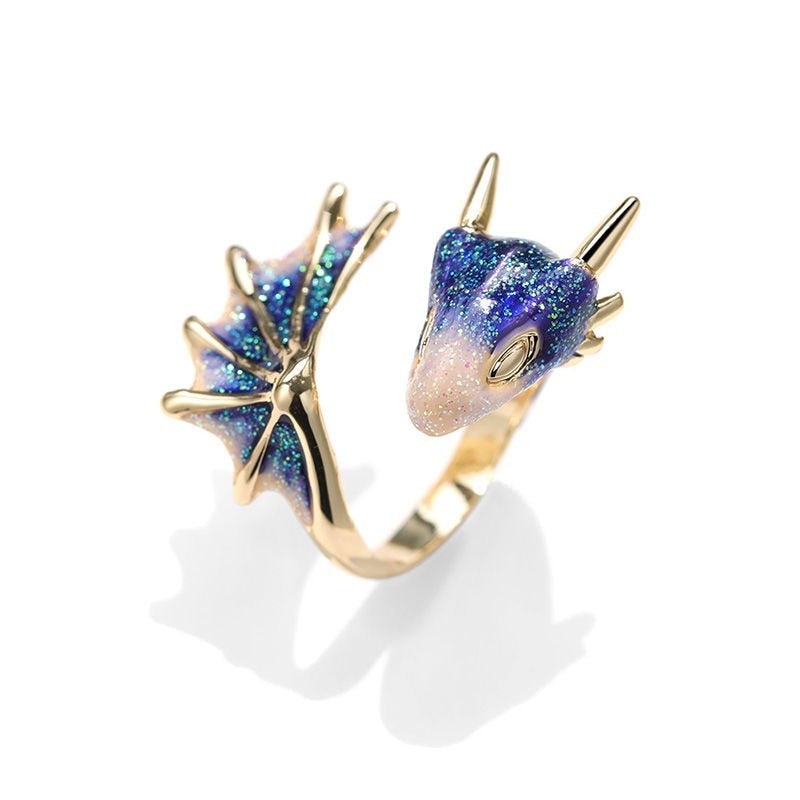 Bague ajustable dragon émail bleu or – Léo