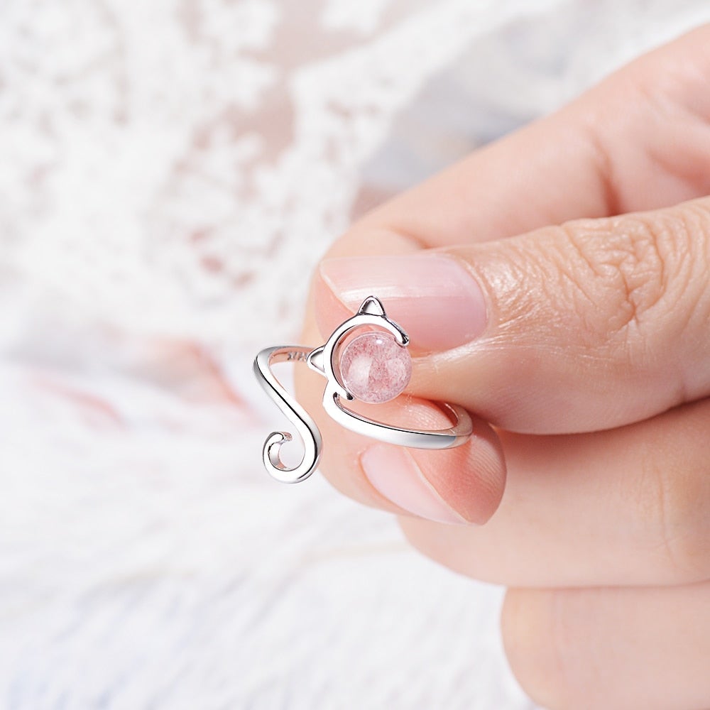 Bague chat argent agate rose – Léo