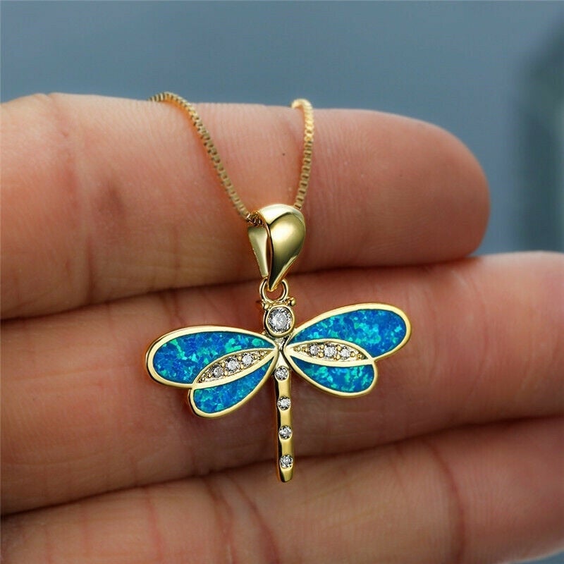 Collier pendentif libellule or opale cristaux – Léo