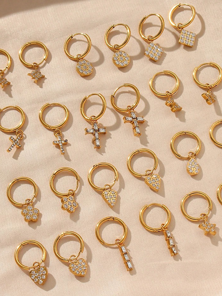 Créoles or pendentif croix cristaux – Lise
