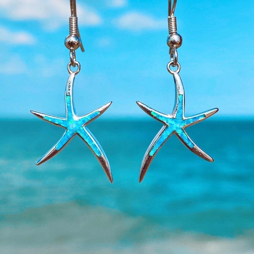 Boucles d’oreilles pendantes étoile de mer argent opale bleue – Lise