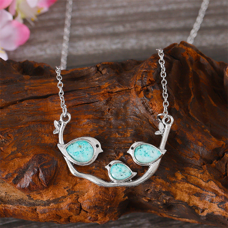 Collier pendentif oiseaux argent opale turquoise – Léo