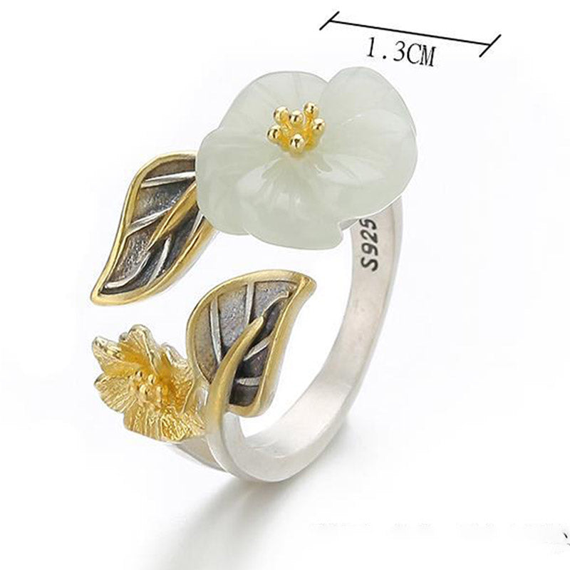 Bague fleur jade blanc plaqué argent – Lila