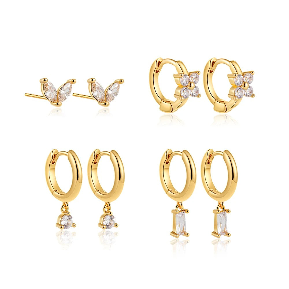 Set de Boucles d’Oreilles Carrées Fleur Dorées