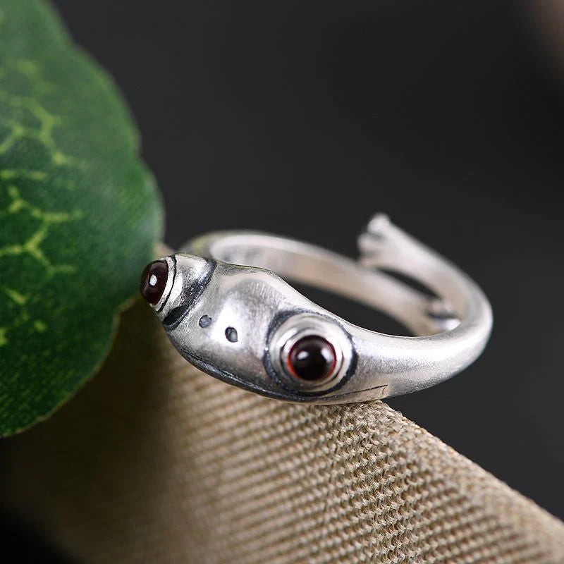 Bague ajustable grenouille argent pierres noires – Léo