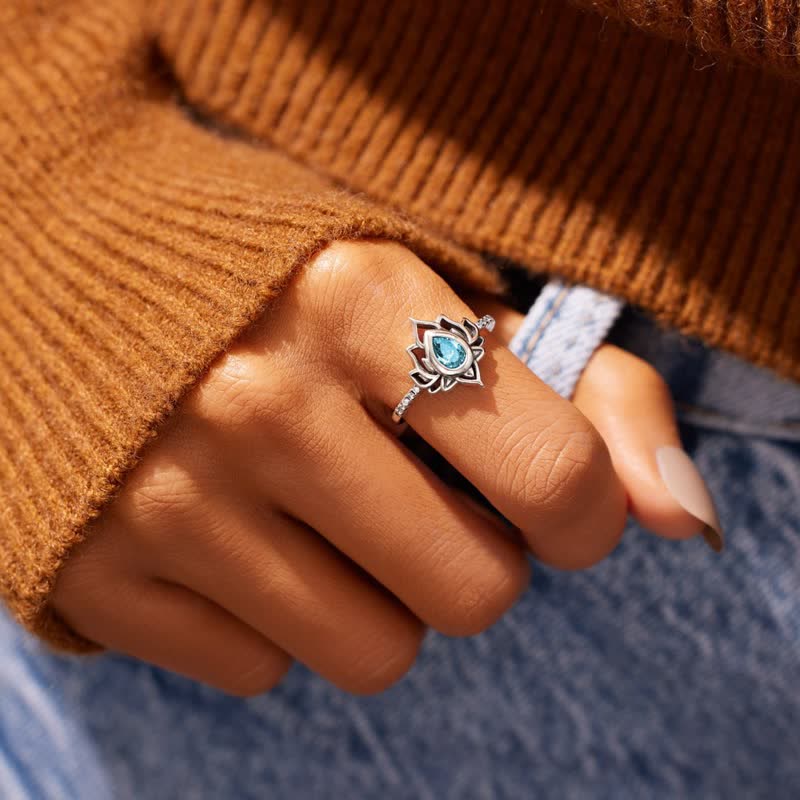 Bague goutte zircon bleu argent lotus – Léo