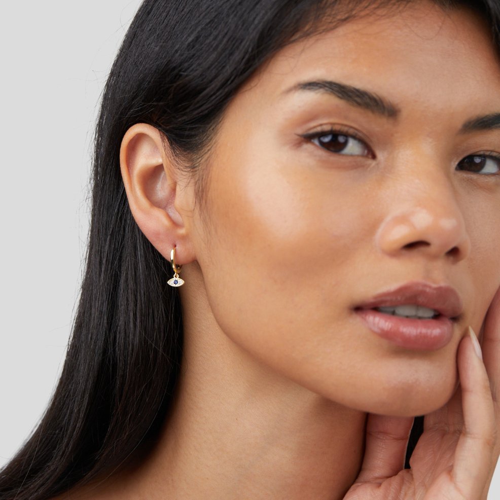 Boucles d’oreilles pendentif œil or pierres bleues – Lila