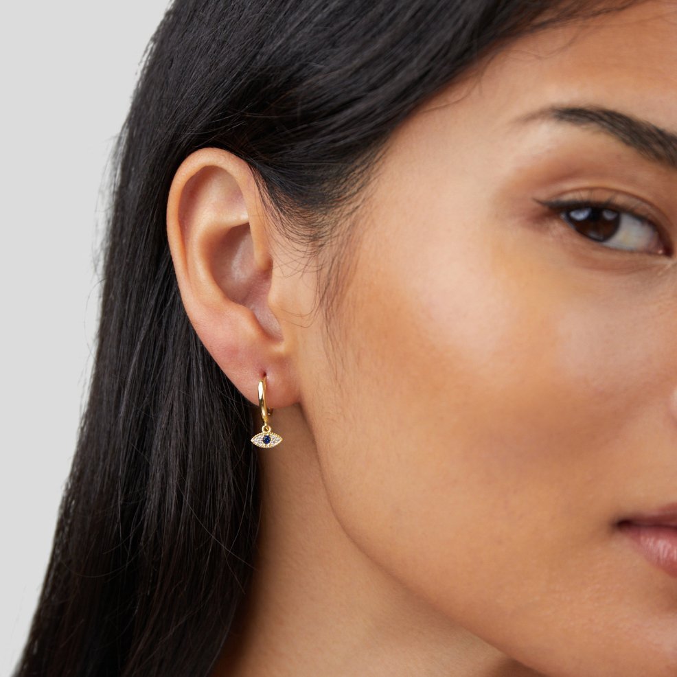 Boucles d’oreilles pendentif œil or pierres bleues – Lila