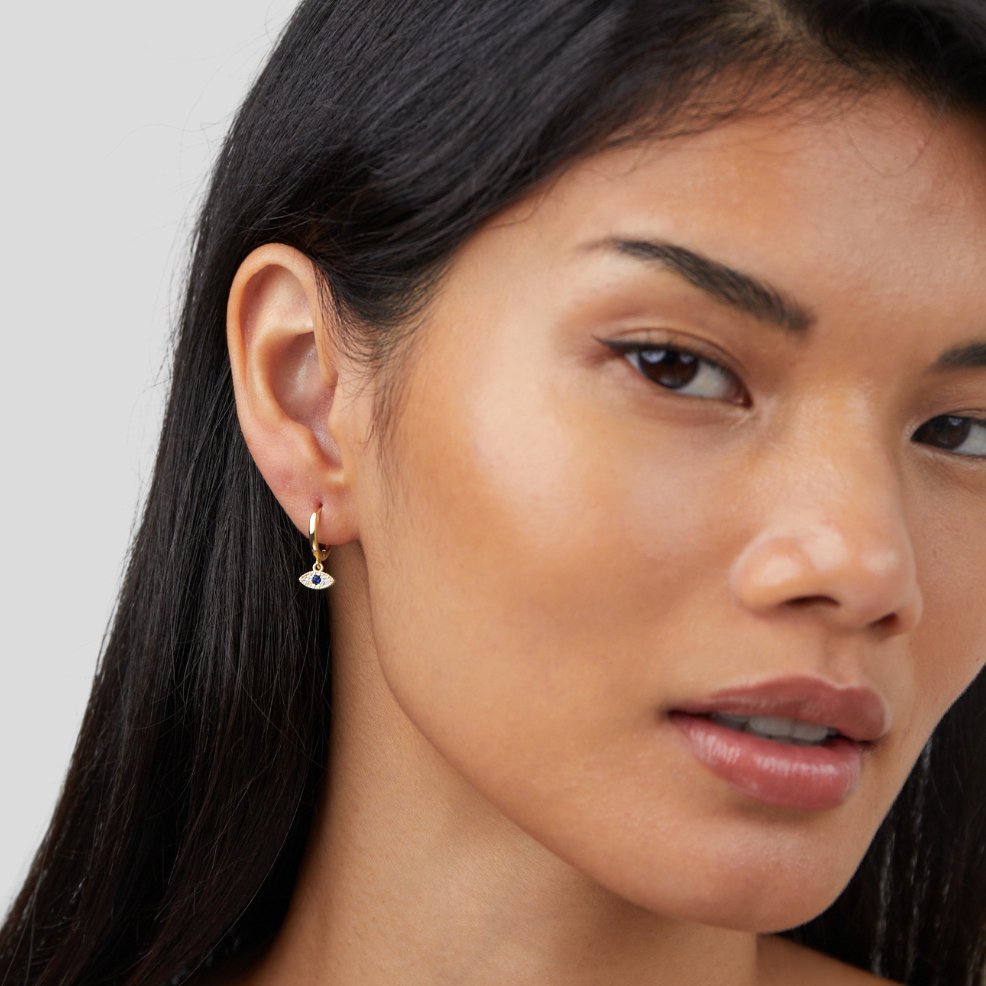 Boucles d’oreilles pendentif œil or pierres bleues – Lila