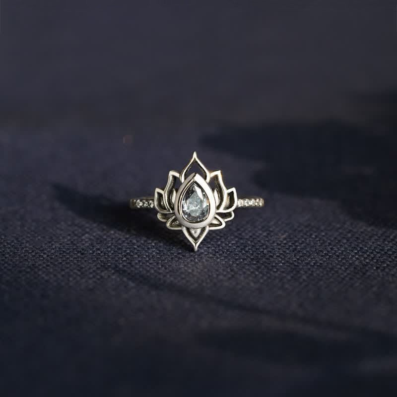 Bague goutte zircon bleu argent lotus – Léo