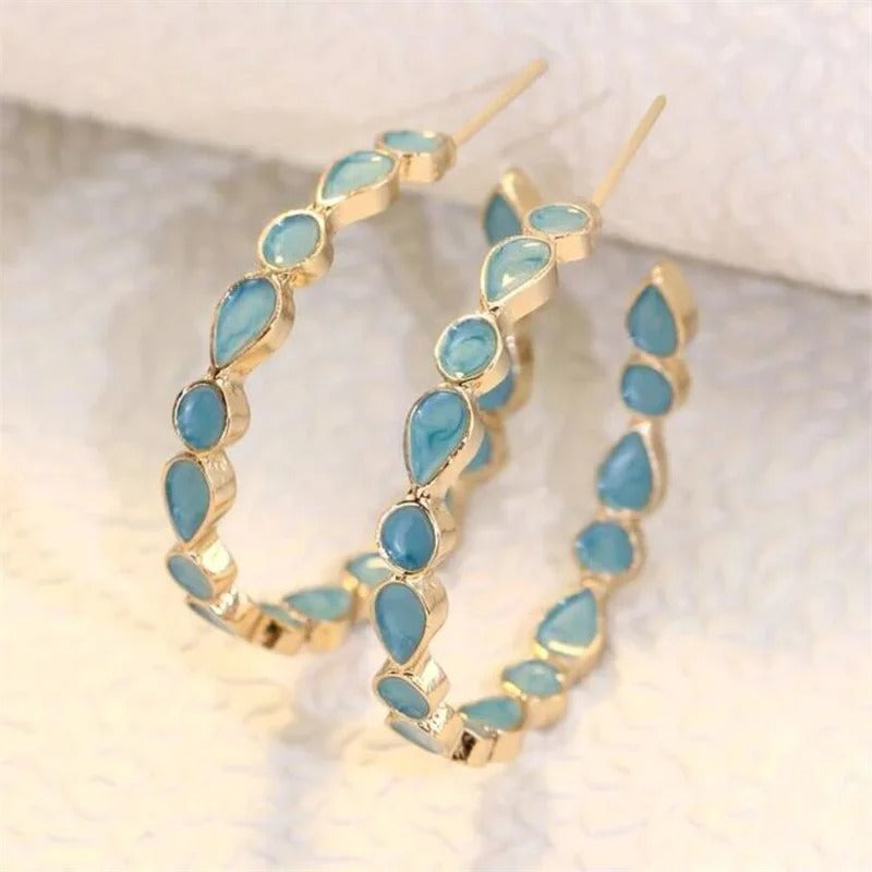 Boucles d'Oreilles Créoles Dorées avec Opale Bleue Vintage