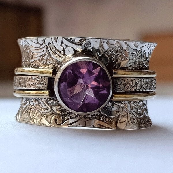 Bague large pierre violette argent doré – Lila