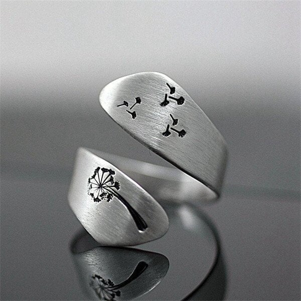 Bague ajustable argent gravée pissenlits – Léo