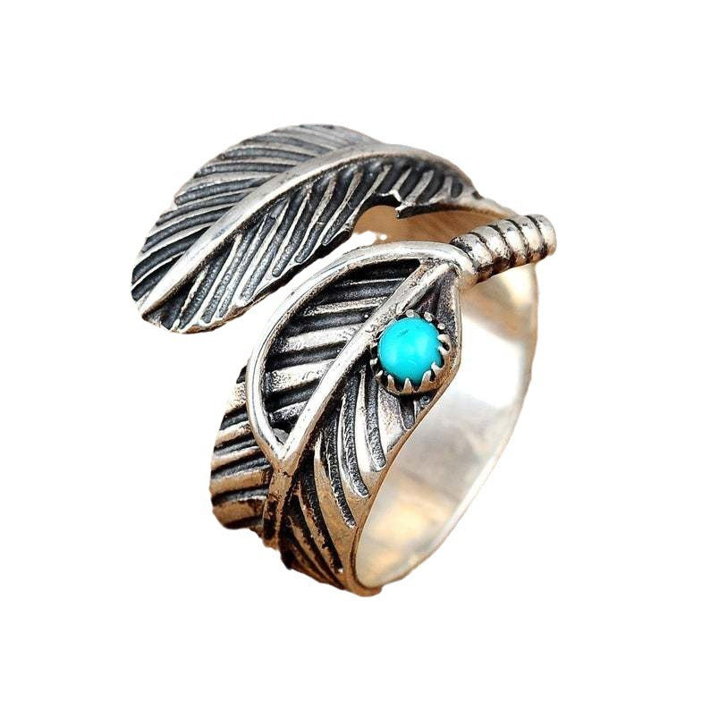 Bague plume ajustable argent turquoise – Léo