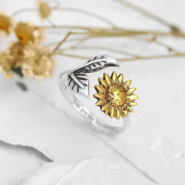 Bague tournesol plaqué or feuille argent – Léo