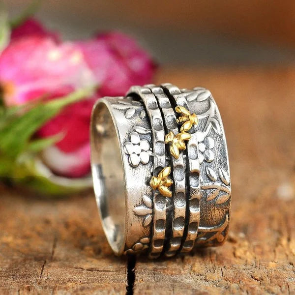 Bague argent motifs floraux abeilles plaqué or – Léa