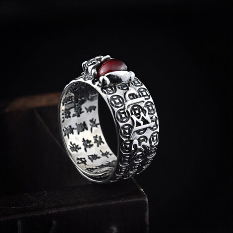 Bague argentée gravée grenat rouge – Léo