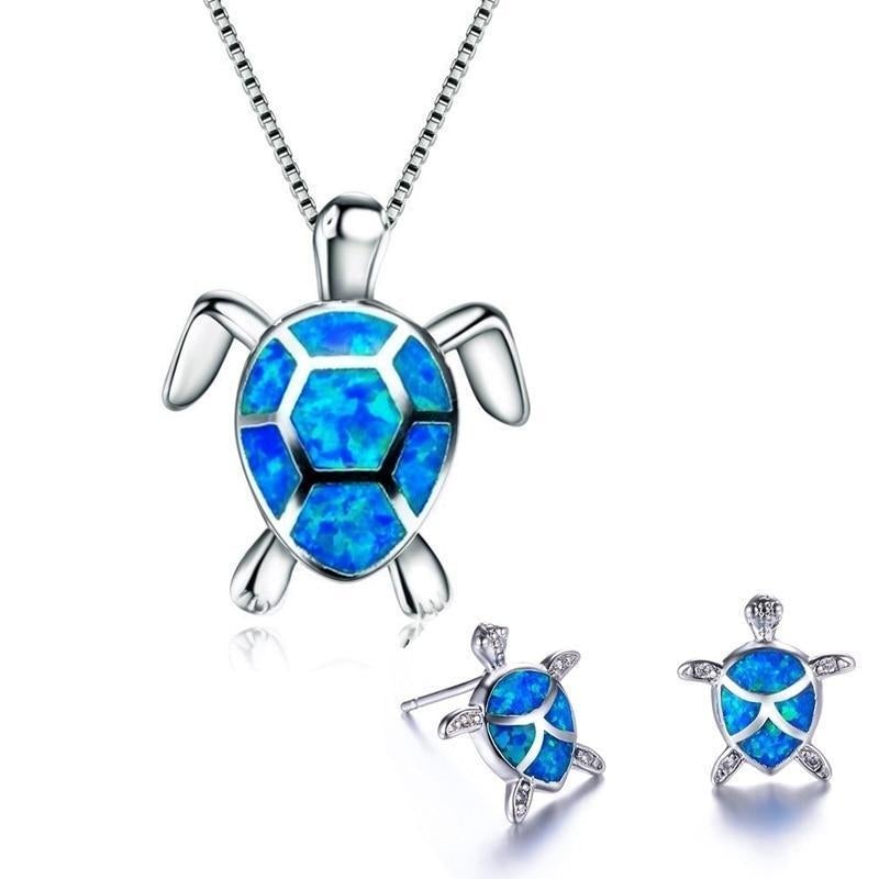 Collier et boucles d’oreilles tortue argent opale bleue – Léo