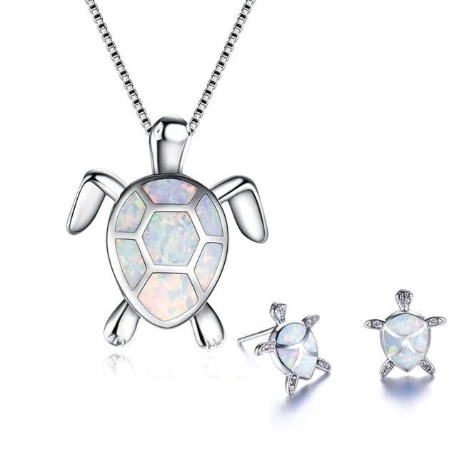 Collier et boucles d’oreilles tortue argent opale bleue – Léo