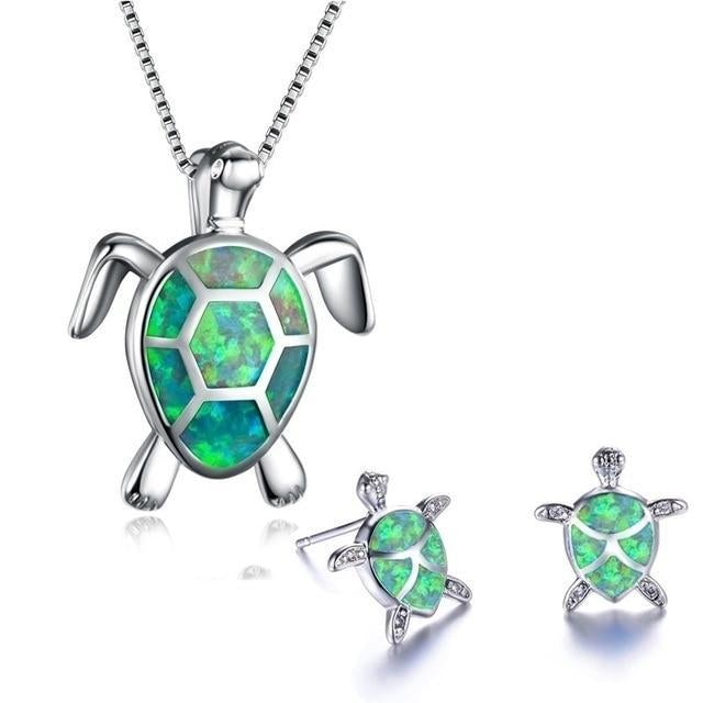 Collier et boucles d’oreilles tortue argent opale bleue – Léo
