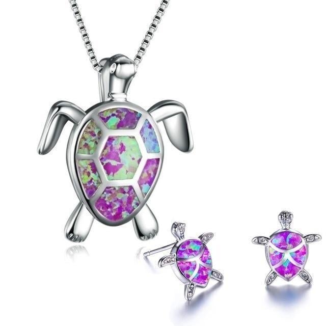 Collier et boucles d’oreilles tortue argent opale bleue – Léo