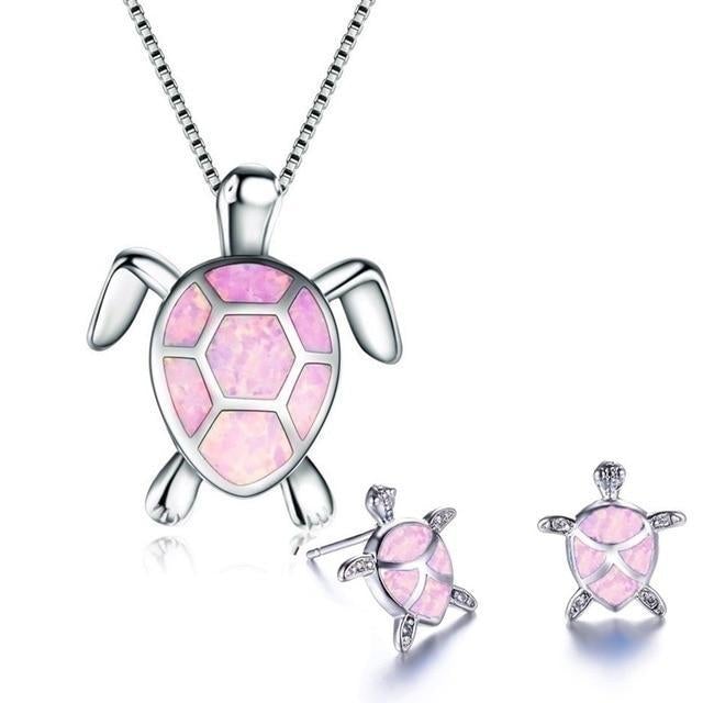 Collier et boucles d’oreilles tortue argent opale bleue – Léo