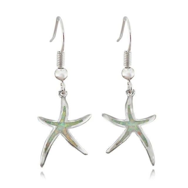 Boucles d’oreilles pendantes étoile de mer argent opale bleue – Lise