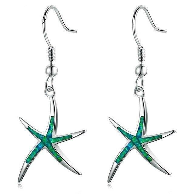 Boucles d’oreilles pendantes étoile de mer argent opale bleue – Lise