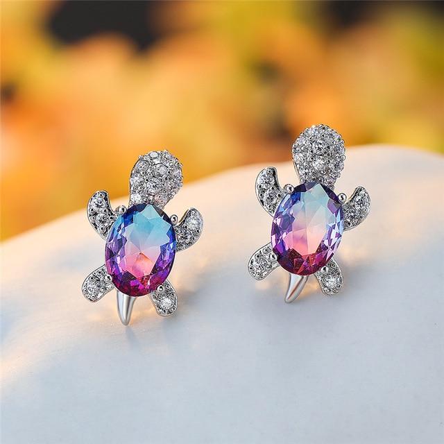 Boucles d’oreilles pendantes tortue zircon turquoise argent – Léo