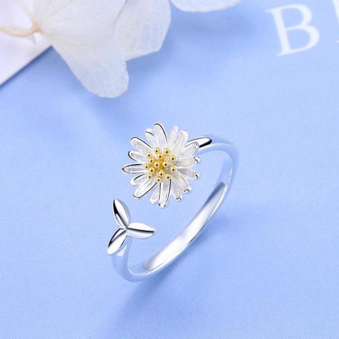 Bague ajustable fleur tournesol argent et or – Léo