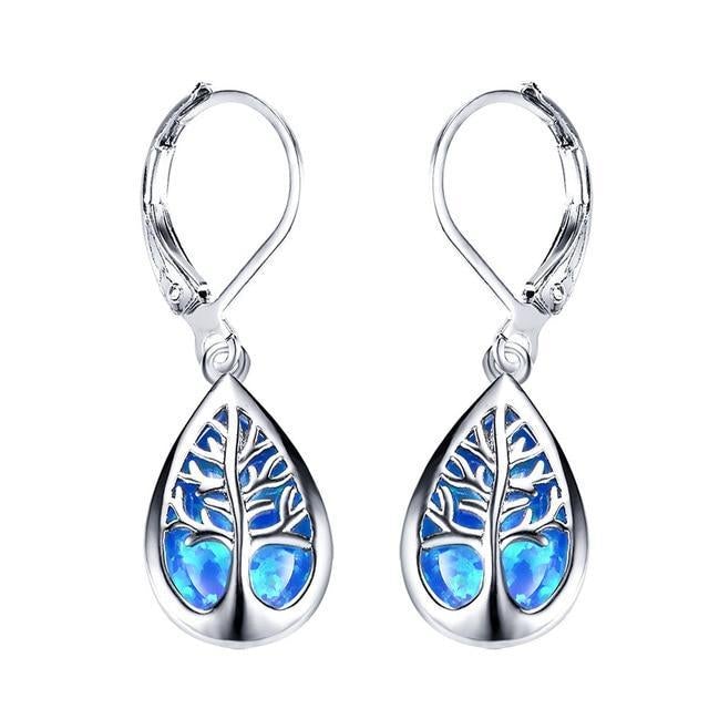 Boucles goutte arbre de vie argent pierres bleues – Lila