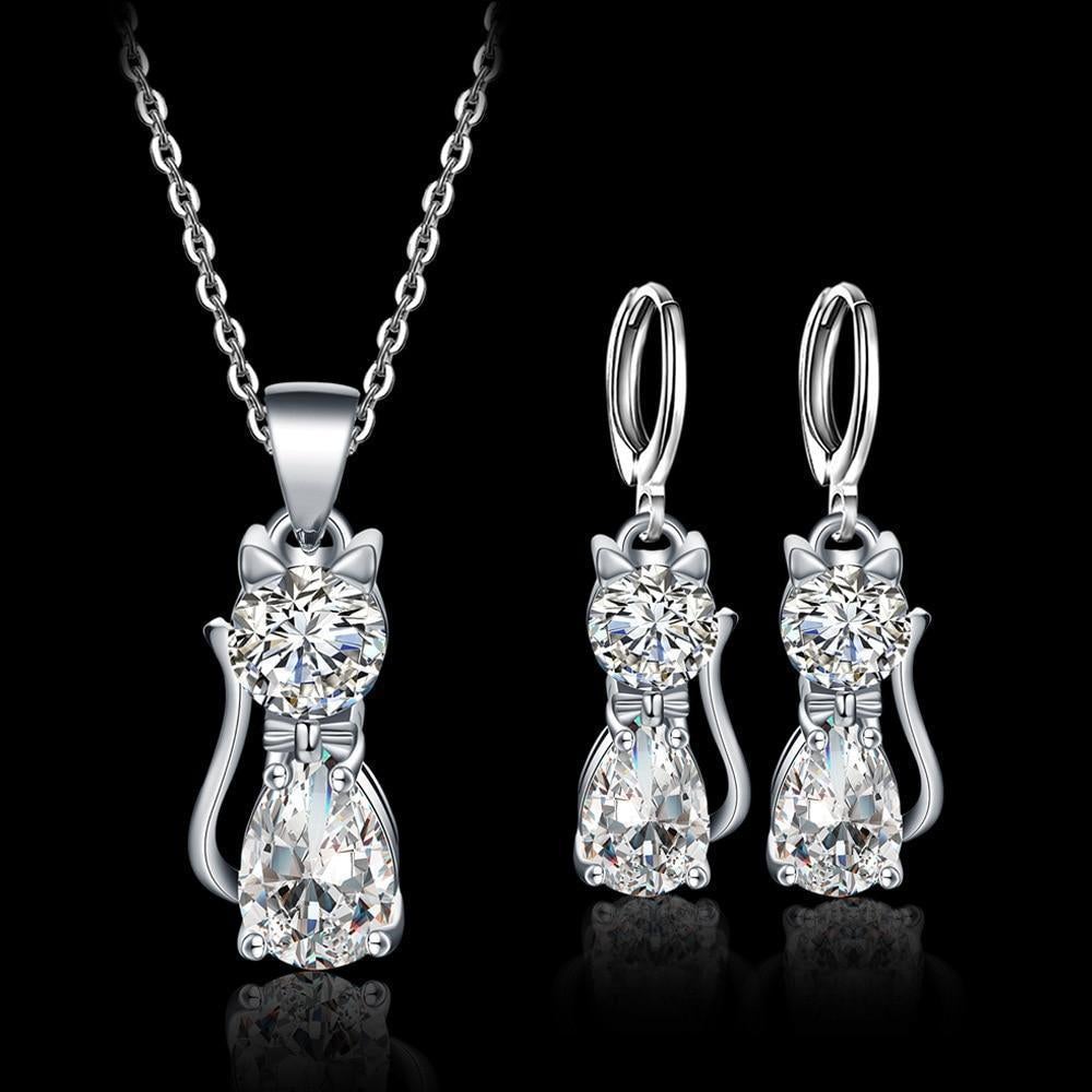 Collier et boucles d’oreilles chats argent zirconium – Léo
