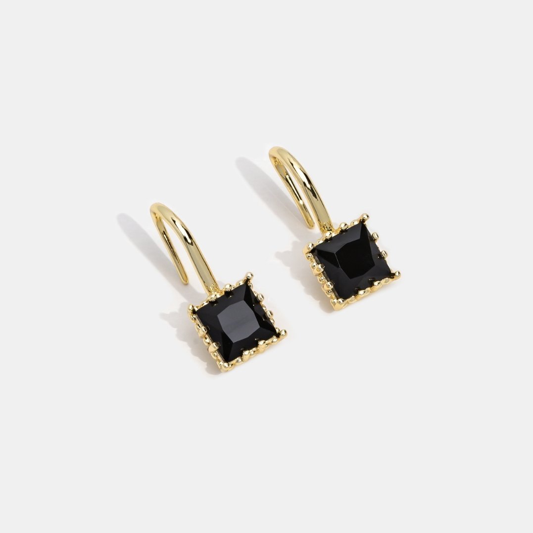 Boucles d’oreilles pendantes pierre noire plaqué or – Lise
