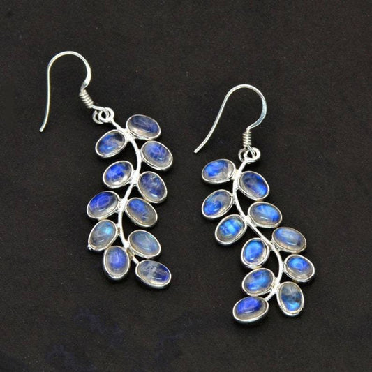 Boucles d’oreilles pendantes feuille argent pierre de lune – Lila