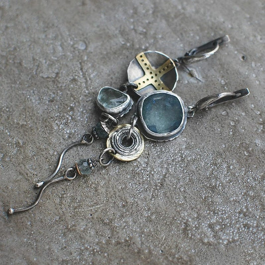 Boucles d’oreilles pendantes argent pierres bleu croix plaqué or – Léo