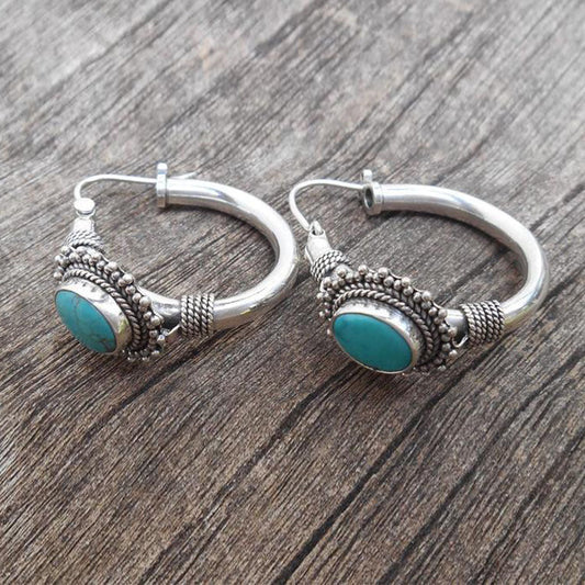 Créoles argent pierre turquoise ovale perlée – Lise