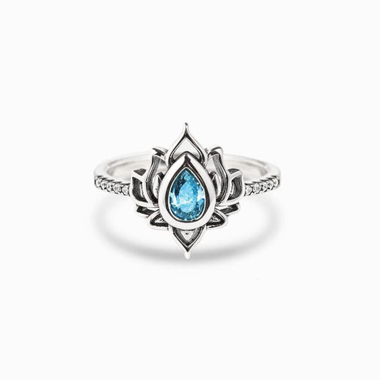 Bague goutte zircon bleu argent lotus – Léo