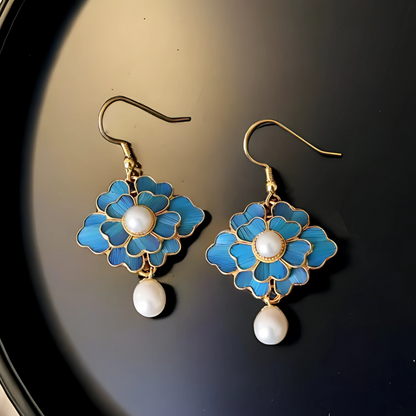 Boucles d'oreilles lotus bleues perles vintage plaqué or