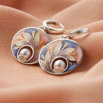 Boucles d'Oreilles en Hoops avec Pierre Résine Florale Peinte Vintage