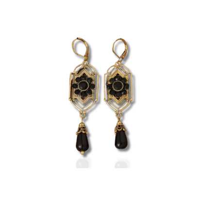 Boucles d'Oreilles Vintage en Cristaux Noirs Suspendus Or