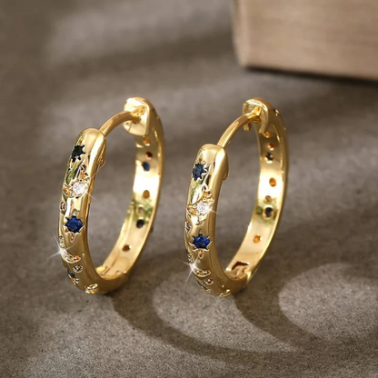 Boucles d'Oreilles Dorées Vintage avec Zirconia Bleue