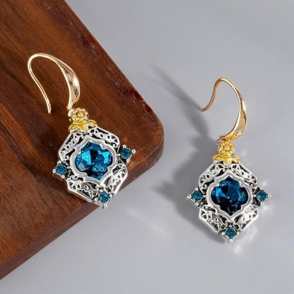 Boucles d'oreilles à Crochet en Plaqué or avec Cristaux Bleus