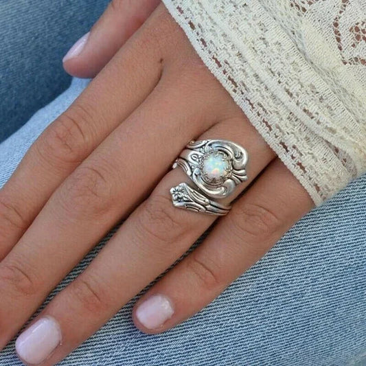 Bague ajustable argent opale blanche florale – Lila