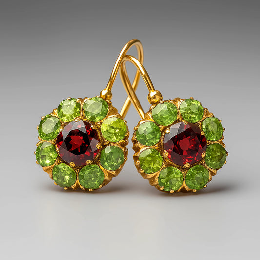 Boucles d'Oreilles Vintage Rondes avec Cristaux Verts et Rouges