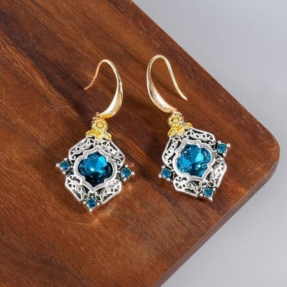 Boucles d'oreilles à Crochet en Plaqué or avec Cristaux Bleus