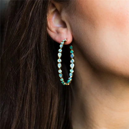 Boucles d'Oreilles Créoles Dorées avec Opale Bleue Vintage